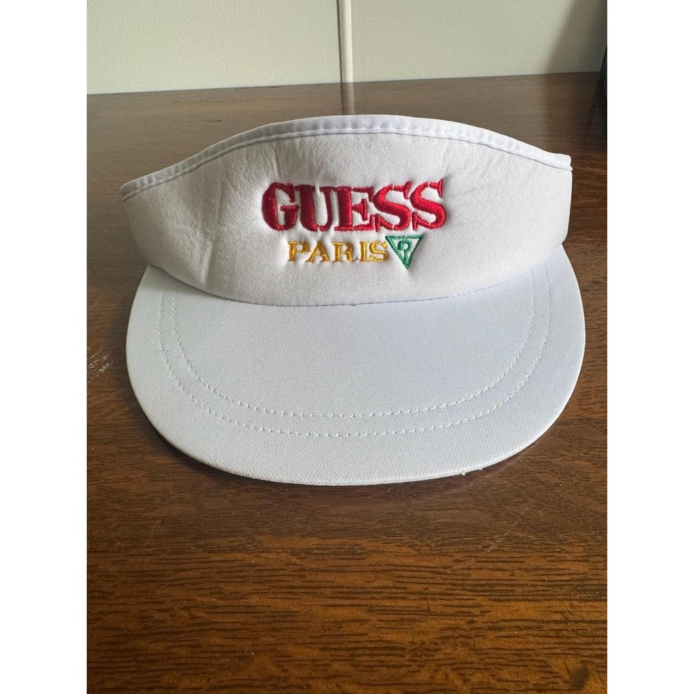 Vintage Guess Paris Hat Visor‎ Adjustable One Size White Embroidered Mens 90s